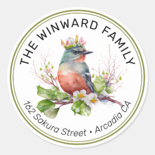 Sticker Rond Couronne aquarelle Adresse Oiseau de Printemps