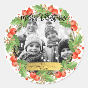 Sticker Rond Couronne aquarelle de Noël Photo de fêtes