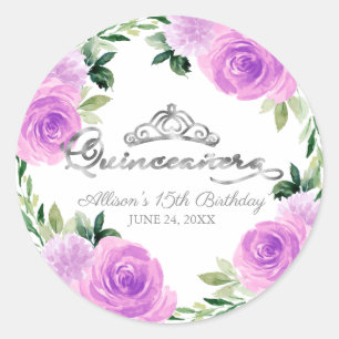 Sticker Rond Couronne argentée Quinceanera Fleurs Lilas Clair