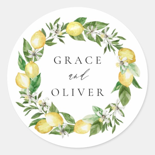 Sticker Rond Couronne botanique de citron avec Mariage de verdu (Devant)