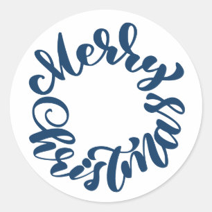 Sticker Rond Couronne de calligraphie Bleu Joyeux Noël