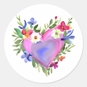 Sticker Rond Couronne de coeur florale   Aquarelle Pastel