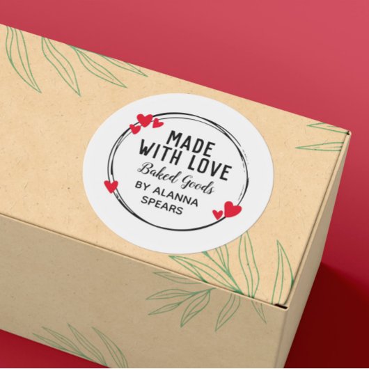 Sticker Rond Couronne de Coeur Rouge Noir Fabriquée Avec Amour