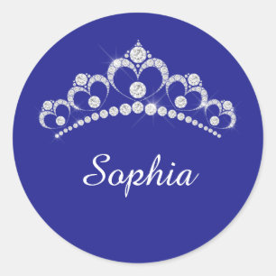 Sticker Rond Couronne de diamant blanc, nom manuscrit, bleu pro