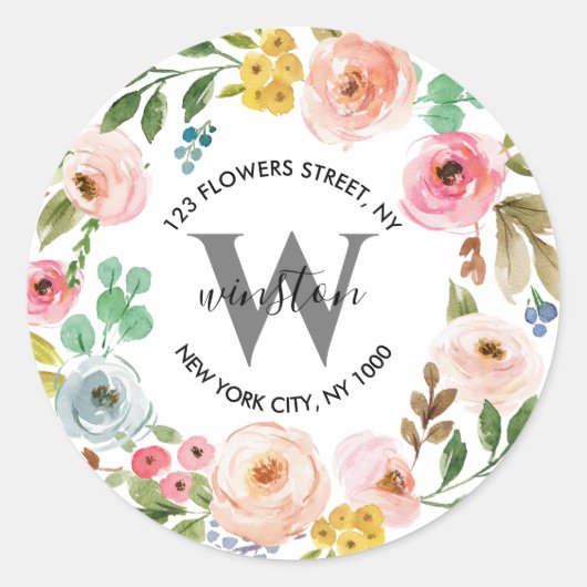 Sticker Rond Couronne de fleurs Boho Monogramme Adresse de reto (Devant)