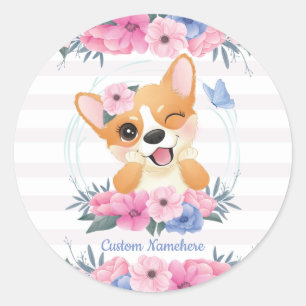 Sticker Rond Couronne de fleurs de chien Corgi mignon Papillon