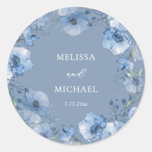 Sticker Rond Couronne de fleurs de mariage à l'aquarelle bleue