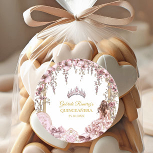 Sticker Rond Couronne de fleurs de Quinceañera en rose poudré e