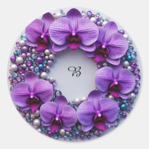 Sticker Rond Couronne de fleurs d'orchidée violette avec perles