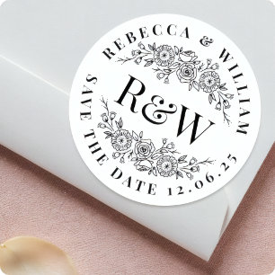 Sticker Rond Couronne de Fleurs Élégante Monogramme Faire-Part 