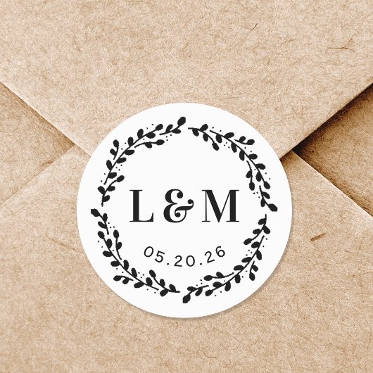 Sticker Rond Couronne de fleurs mariage monogramme