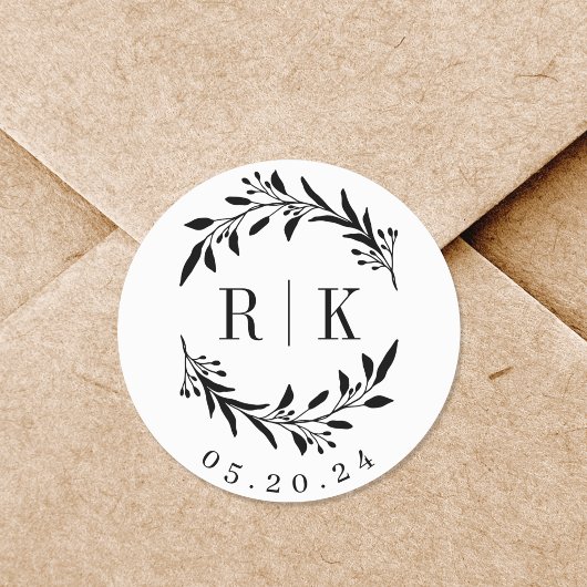 Sticker Rond Couronne de fleurs mariage monogramme