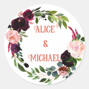 Sticker Rond Couronne de fleurs MONOGRAMM boho rose bordeaux Cl