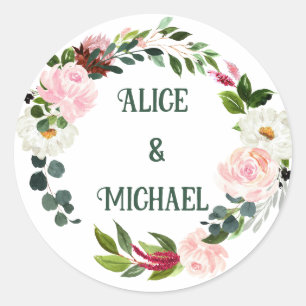 Sticker Rond Couronne de fleurs MONOGRAMME boho rose burgundy