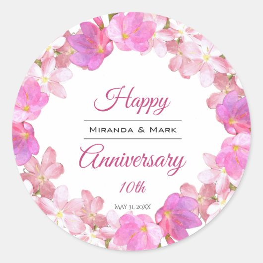 Sticker Rond Couronne de fleurs rose aquarelle pour anniversair (Devant)