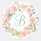 Sticker Rond Couronne de fleurs rose pastel monogramme (Devant)