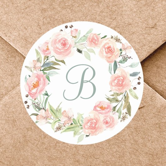 Sticker Rond Couronne de fleurs rose pastel monogramme