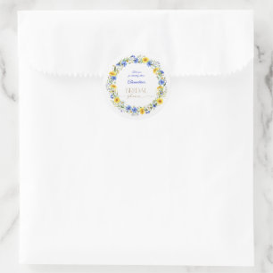 Sticker Rond Couronne de fleurs sauvages bleues jaunes lavande