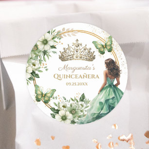 Sticker Rond Couronne de fleurs vertes papillon or pour Quincea