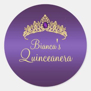 Sticker Rond Couronne de gemmes or et violet Quinceanera Autoco