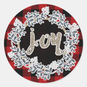 Sticker Rond Couronne de joie pailletée or Fêtes Plaid rouge de