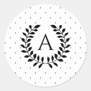 Sticker Rond Couronne de laurier à pois noir et blanc avec mono