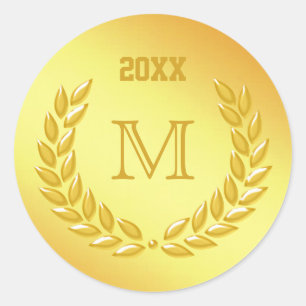 Sticker Rond Couronne de laurier en or Monogramme personnalisé