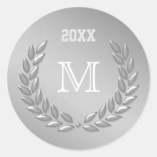 Sticker Rond Couronne de laurier gris argent sur mesure Monogra (Devant)