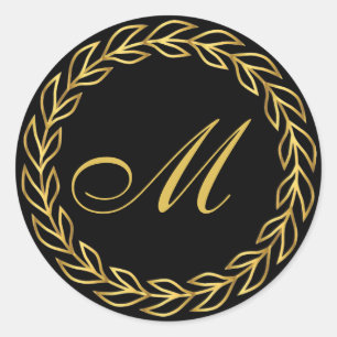 Sticker Rond Couronne de laurier noir avec monogramme personnal