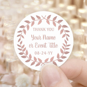 Sticker Rond Couronne de laurier simple Rose rose or Merci