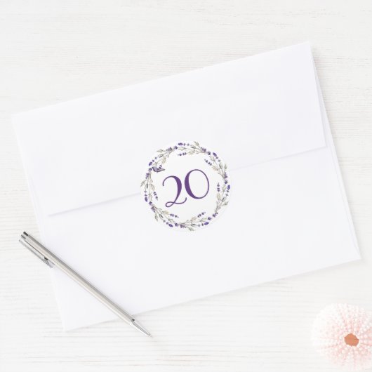 Sticker Rond Couronne de lavande pour 20e anniversaire (Enveloppe)