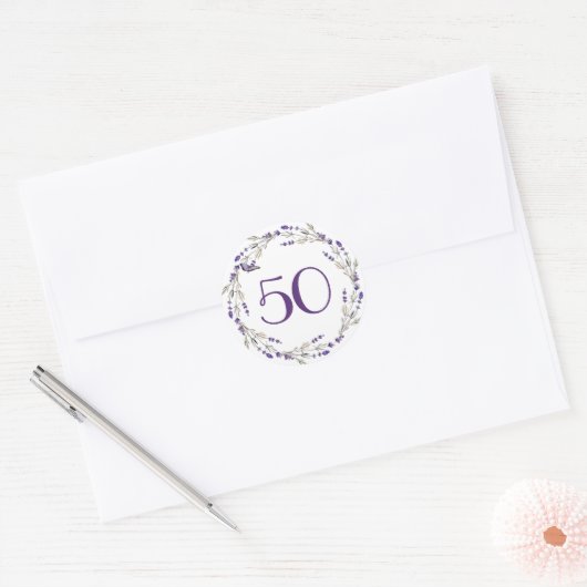 Sticker Rond Couronne de Lavande pour 50e Anniversaire (Enveloppe)
