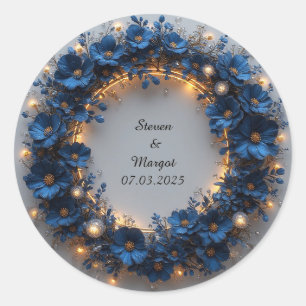 Sticker Rond Couronne de mariage avec fleurs bleues et lumière