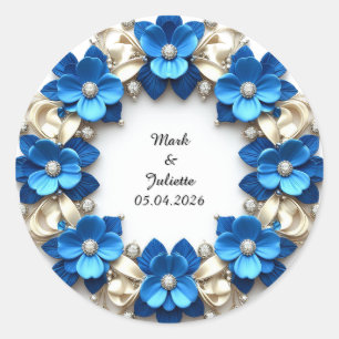 Sticker Rond Couronne de mariage de fleurs bleues scintillantes