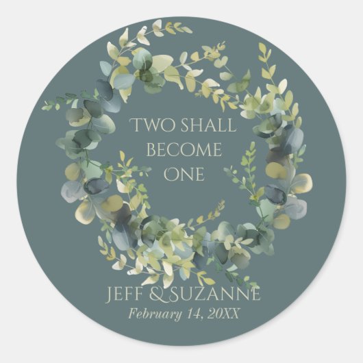 Sticker Rond Couronne de mariage Eucalyptus vert Deux deviendro (Devant)