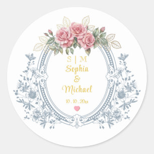 Sticker Rond Couronne de mariage florale, cadre de monogramme e