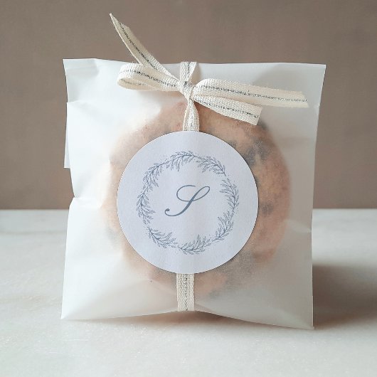 Sticker Rond Couronne de mariage Monogramme Bleu Poussiéreux Éc