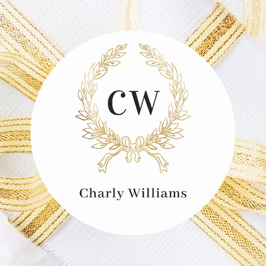 Sticker Rond Couronne de monogramme initial en or blanc