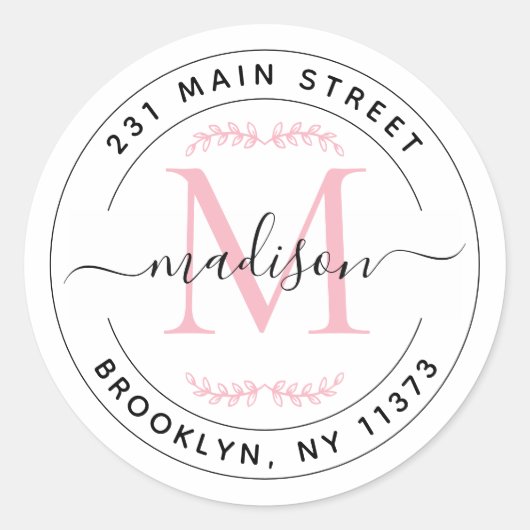 Sticker Rond Couronne de monogramme rose blush élégant Adresse  (Devant)