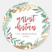 Sticker Rond Couronne de Noël à branches de feuille d'or en aqu (Devant)