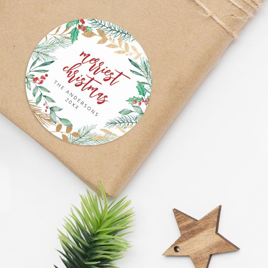 Sticker Rond Couronne de Noël à branches de feuille d'or en aqu