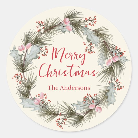 Sticker Rond Couronne de Noël à l'aquarelle Élégance Rustique (Devant)