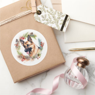 Sticker Rond Couronne de Noël au Berger Allemand Chien de fête