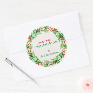 Sticker Rond Couronne de Noël aux fleurs rouges et feuilles ver