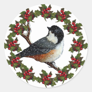 Sticker Rond Couronne de Noël avec chickadee : Art original