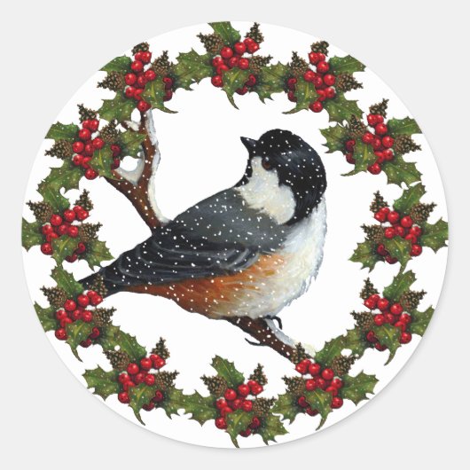 Sticker Rond Couronne de Noël avec chickadee : Art original (Devant)