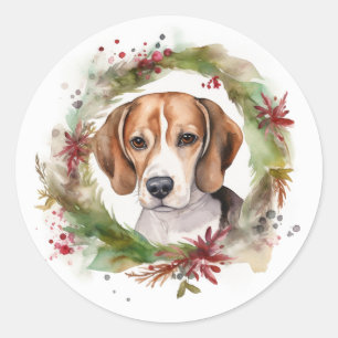 Sticker Rond Couronne de Noël Beagle Chien de fête