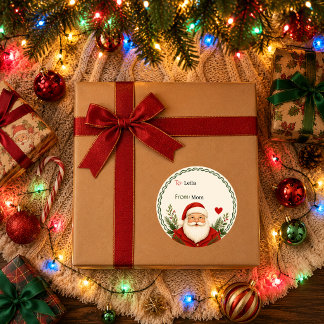 Sticker Rond Couronne de Noël beige rétro du Père Noël Cadeau d
