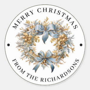 Sticker Rond Couronne de Noël Bleue et Or Magnifique Joyeux Noë