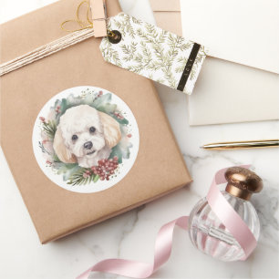 Sticker Rond Couronne de Noël Caniche Chien de fête